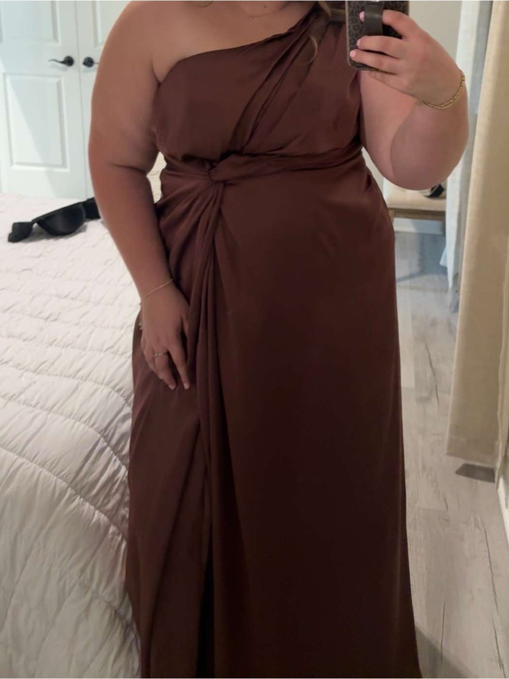 Azazie One-Shoulder Twist Gown in Brown